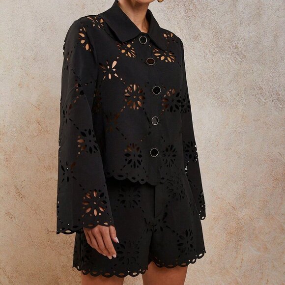 Black Women's Laser Cut Long Sleeve Single-Breasted Blouse And Loose Shorts set - Picture 5 of 6